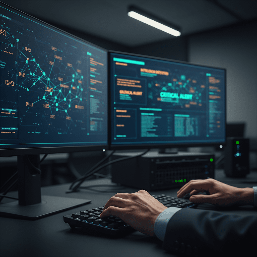 Cybersecurity analyst reviewing digital footprints on monitors in a modern office