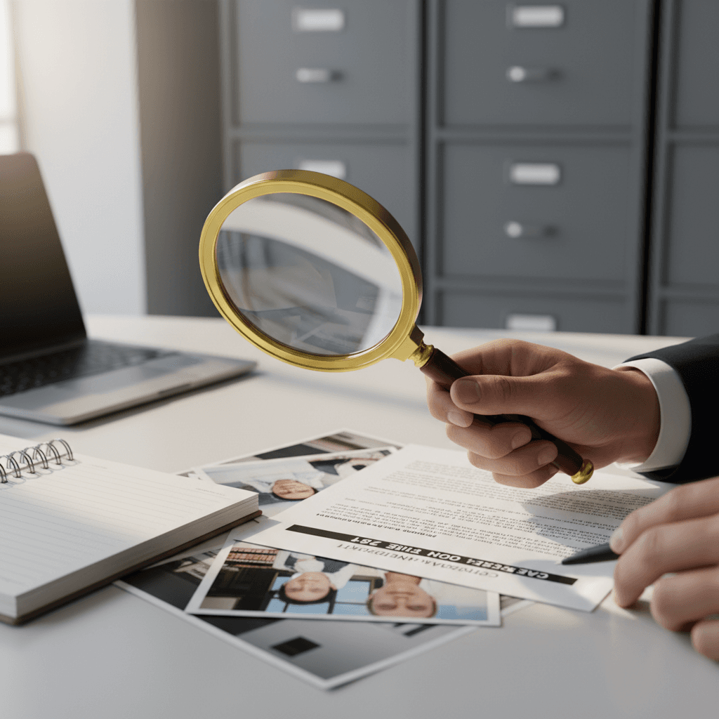 Professional examining documents with a magnifying glass for evidence